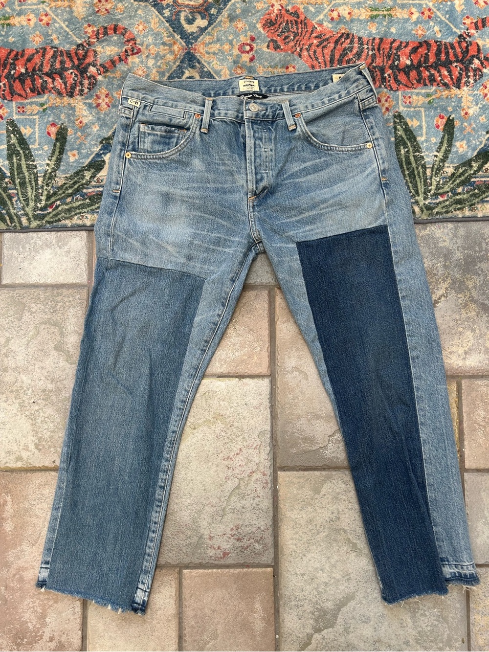 Men's Patchwork Light and Dark Blue Straight Jeans